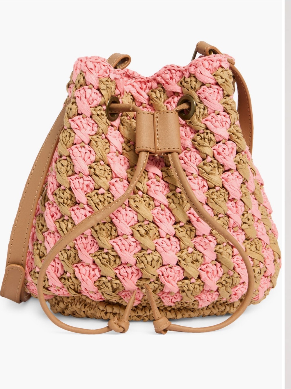Woven Drawstring Bucket Bag - Pink and Tan